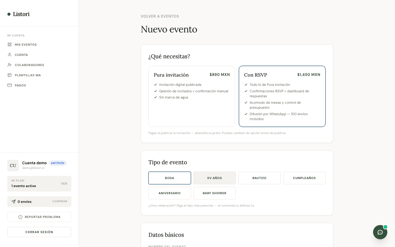 Pantalla "Nuevo evento" de Listori: tipo de evento (boda, XV años, bautizo, cumpleaños, aniversario, baby shower), nombre y fecha. Las preguntas del formulario se configuran después, en el paso Formulario.