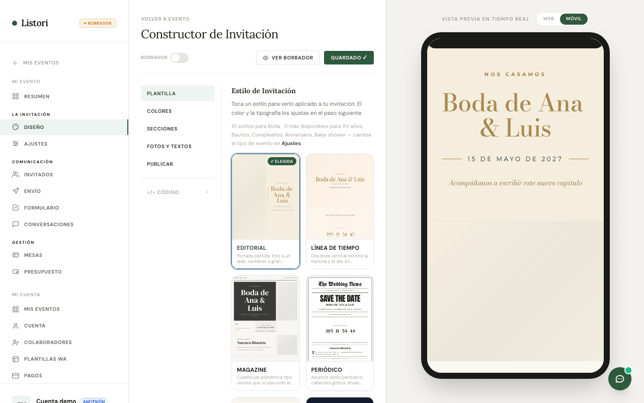 Constructor de invitación de Listori: a la izquierda el selector de plantillas (Editorial, Línea de tiempo, Magazine, Periódico) y a la derecha la vista previa en móvil de la invitación.